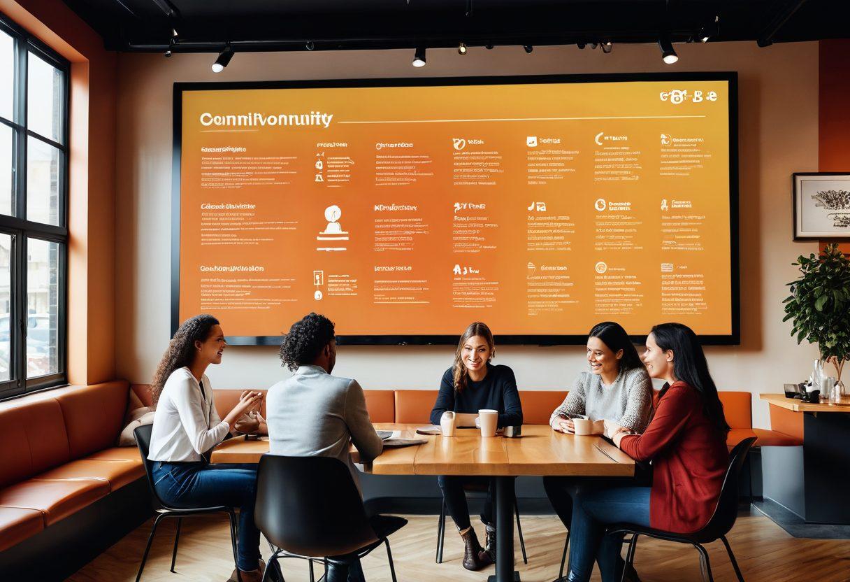 A diverse group of people gathered around a large digital screen, engaging with interactive content and sharing ideas in a cozy, modern café setting. Infographics and niche topics float in the air, symbolizing connection and collaboration. Warm, inviting colors create a sense of community. super-realistic. vibrant colors. cozy atmosphere.