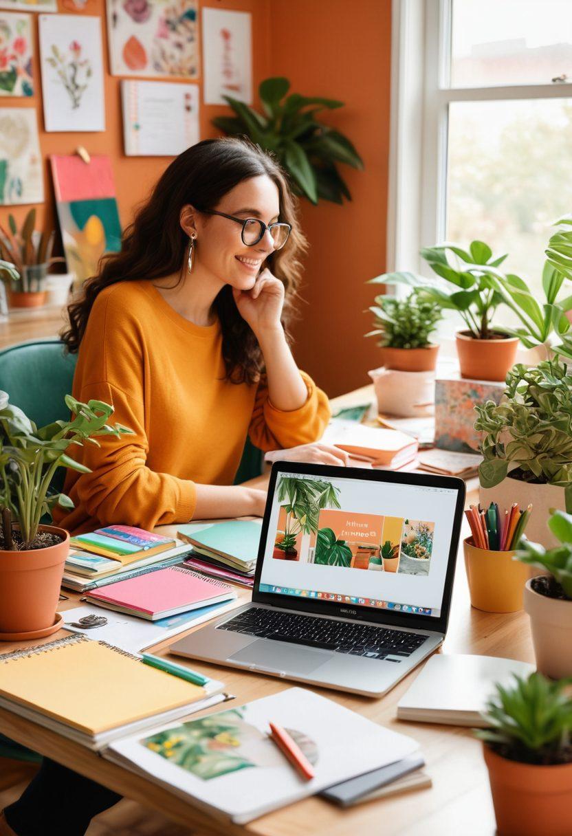 A person sitting at a cozy, well-lit desk covered with colorful notebooks and a laptop, surrounded by plants and art supplies, capturing the essence of creativity. In the background, a diverse group of individuals engaged in a lively discussion, symbolizing community engagement. Bright, warm colors radiate positivity and inspiration, with various blogging themes subtly infused in the decor. super-realistic. vibrant colors. warm tones.