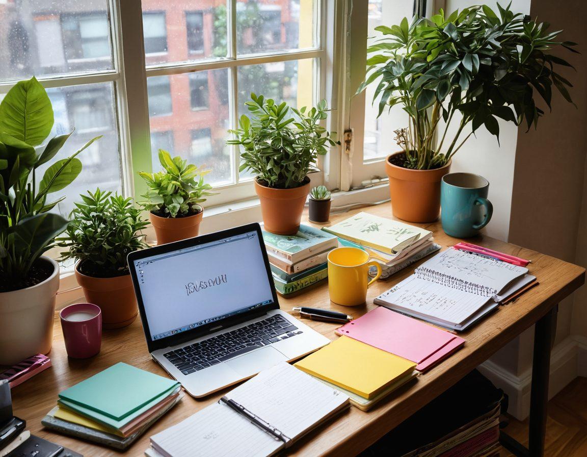 A vibrant and inviting workspace filled with a variety of colorful notebooks, pens, and a laptop open to a blog post. Surround the scene with warm natural light streaming through a window, plants in the background, and handwritten notes scattered around that symbolize personal expression. Include elements like a coffee cup and inspirational quotes on sticky notes. cozy, artistic, and light-filled atmosphere. super-realistic. vibrant colors.